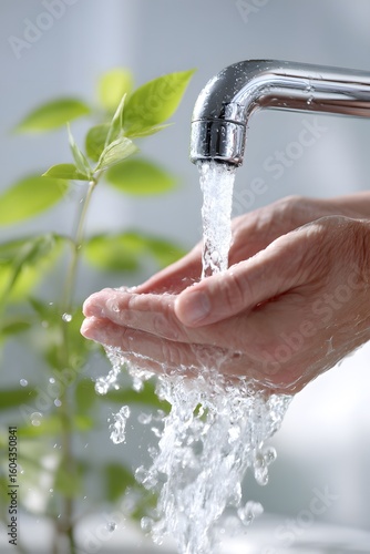A close-up of a person's hands cupping clean, clear water from a faucet, with a green plant in the background
