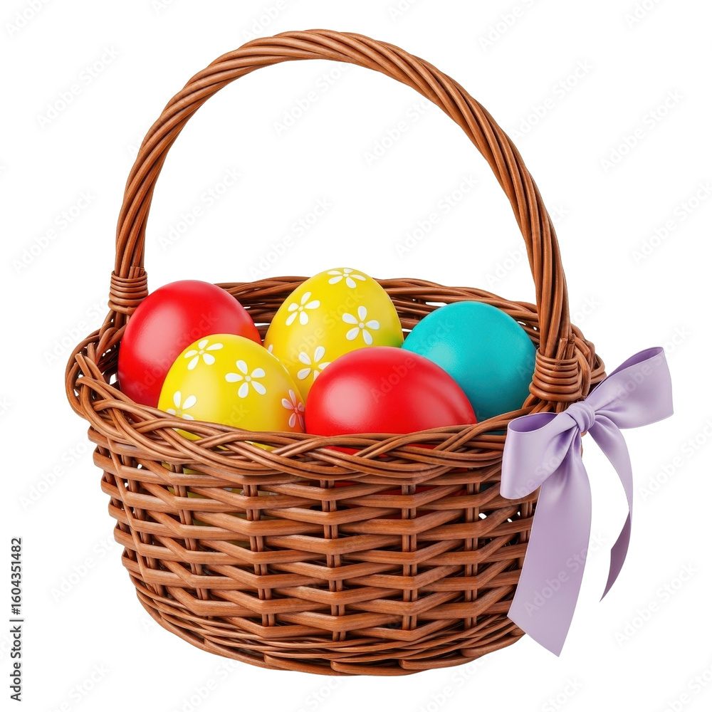 Colorful Easter eggs in a brown wicker basket with a lilac bow isolated PNG with Transparent Background Colorful Easter eggs in a brown wicker basket with a lilac bow isolated PNG with Transparent Background