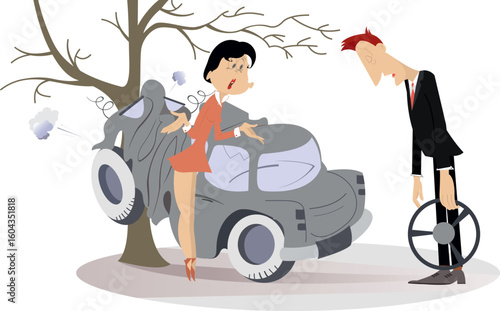 Road accident. Man and woman near a broken car.
Car smashed into a tree. Woman in shock. Downhead upset man holding steering wheel
