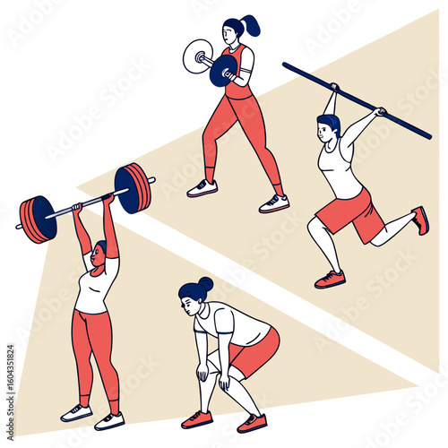 Diverse women engage in various weightlifting exercises showcasing strength training and athletic performance with barbells and a training bar