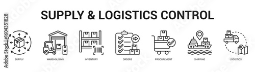 Supply and Logistics Control Modern and clean web banner illustration featuring thematic icons for visual communication