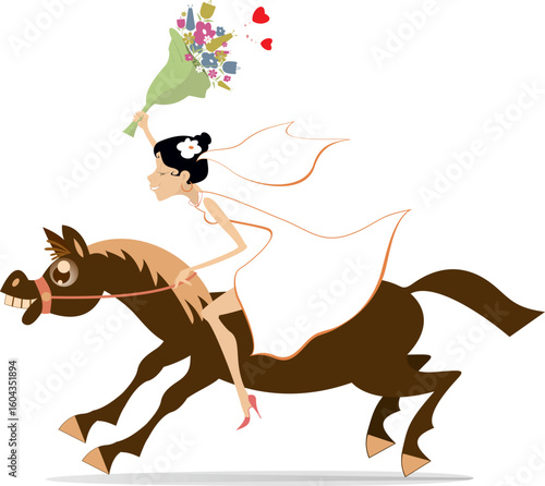 Bride with a bunch of flowers rides a horse. 
Pretty bride in the white dress and wedding veil with a bunch of flowers riding horse. Isolated on white background
