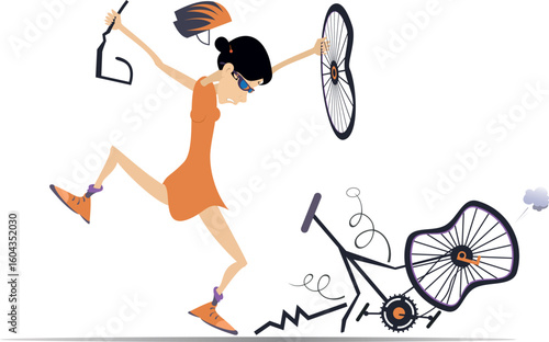 Cyclist woman and a broken bike. 
Upset cyclist woman standing near a broken bike. White background
