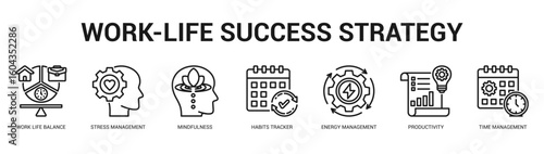 WorkLife Success Strategy Modern and clean web banner illustration featuring thematic icons for visual communication