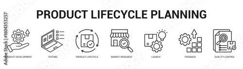 Product Lifecycle Planning Modern and clean web banner illustration featuring thematic icons for visual communication