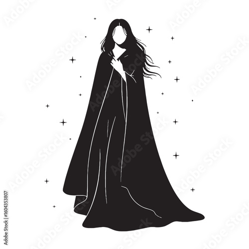 Recognizable Nyx digital black vector, representing the mother of darkness's unforgettable appearance – Nyx silhouette – Nyx Vector – Silhouette of Nyx – Greek goddess vector

