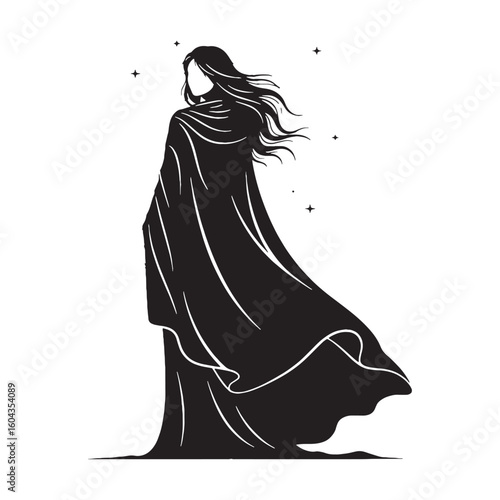 Mysterious Nyx black vector graphic, reflecting her profound and unseeable nature – Nyx silhouette – Nyx Vector – Silhouette of Nyx – Greek goddess silhouette

