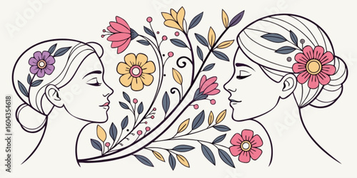 Elegant woman's face with a floral illustration of pink spring flowers in her hair, embodying natural beauty and glamorous style