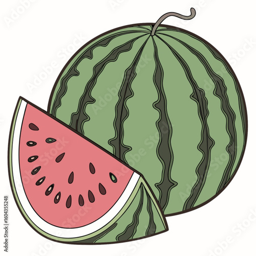 Fresh ripe watermelon and juicy slices on a white background, perfect for a sweet summer food illustration