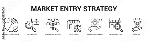 Market Entry Strategy Modern and clean web banner illustration featuring thematic icons for visual communication