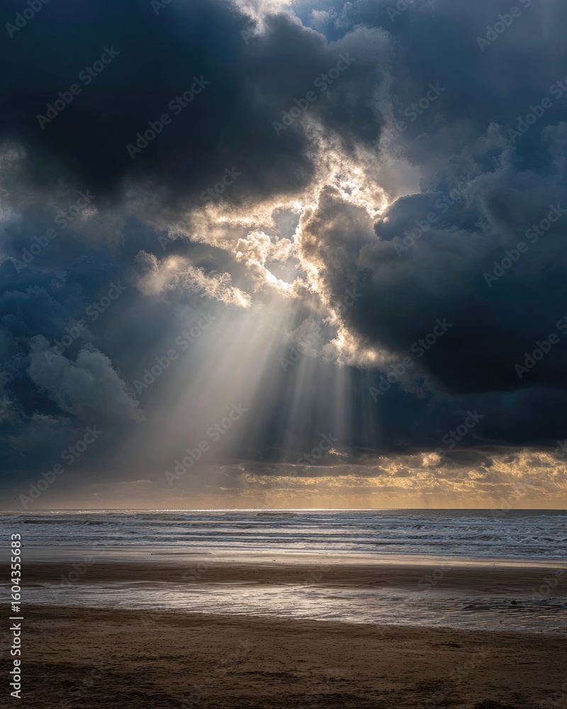 Obraz premium Dramatic sunlight piercing dark clouds over a beach (1)