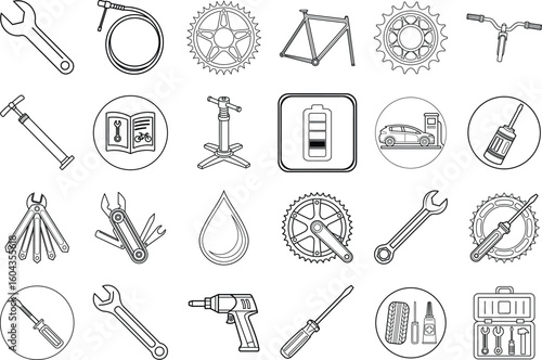 Bicycle repair tools and parts icons wrench screwdriver