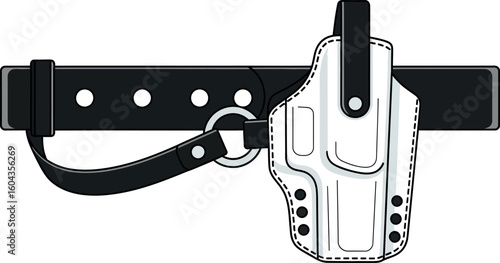 A black leather belt with a white gun holster attached to it, on a white background illustration style