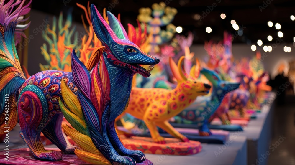 Obraz premium Vibrant art display of colorful animal sculptures art gallery exhibition indoor close-up cultural celebration