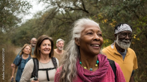 Group of seniors enjoying a nature hike outdoor trail lifestyle photography serene environment joyful perspective