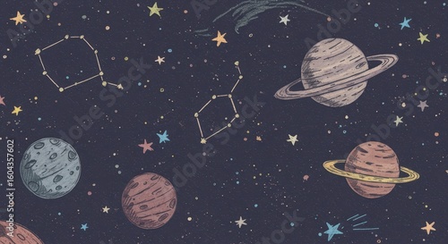 Colorful Hand Drawn Space Elements – Planets, Stars, Meteors and Constellations on Dark Background