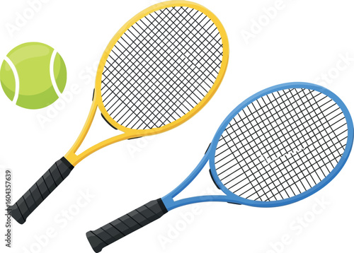 A yellow tennis ball and two tennis rackets one yellow and one blue on a plain white background scene