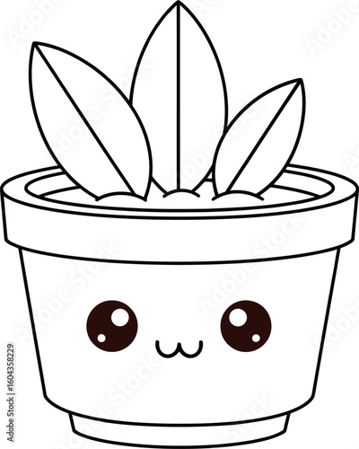 A cartoon illustration of a pink pot with a face and three green leaves on a white background space 100