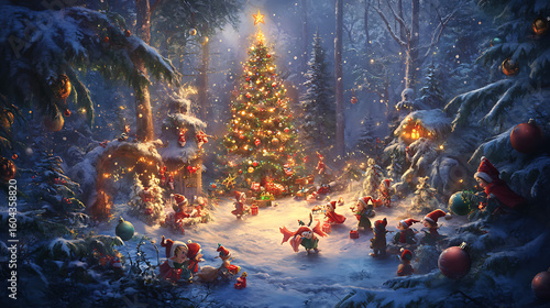  Magical Christmas forest with elves and woodland creatures celebrating 