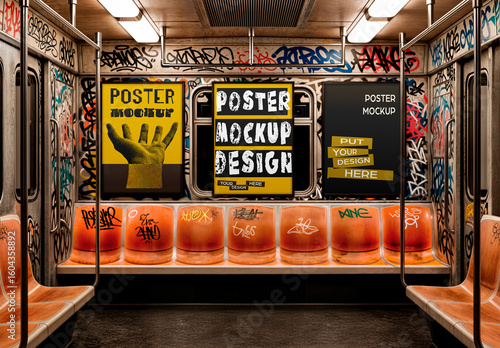 Urban Subway Poster Mockup – Triple Frame Display with Graffiti Background