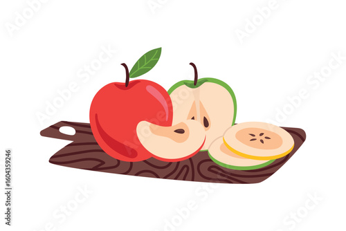 Apples of different colors on a cutting board. Apple harvest, apple dishes