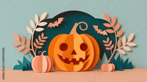 Whimsical halloween paper craft scene featuring a jack o lantern pumpkin surrounded by autumn leaves and bats