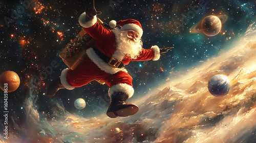  Santa Claus flying through space with planets and stars, delivering gifts to every corner of the universe 
