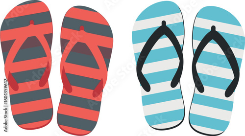 Two pairs of striped flip flops in red and gray and blue and white isolated on a white background