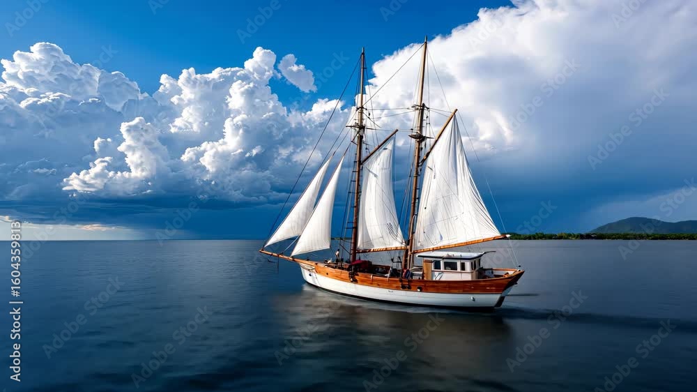 Sailing on peaceful waters with a classic ship under cloudy skies in a serene coastal setting Sailing on peaceful waters with a classic ship under cloudy skies in a serene coastal setting