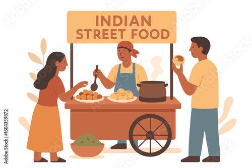 Flat design indian street food stall with diverse characters and snacks