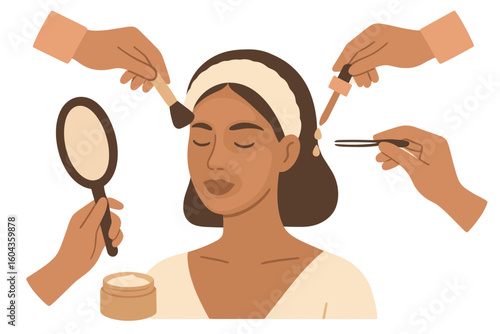 Relaxed self-care: woman enjoying a makeup and skincare routine with multiple hands