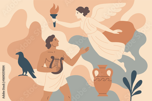 Ancient greek mythology: figures in flat style with lyre and winged deity