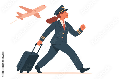 Confident pilot walking with luggage as airplane takes off in background