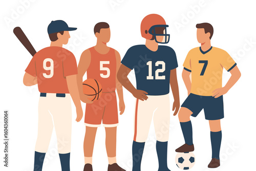 Flat design of team players in baseball, basketball, american football, and soccer uniforms