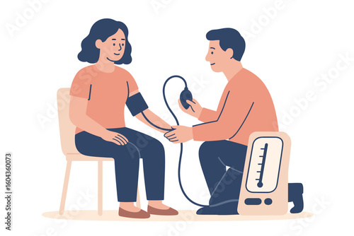 Healthcare professional measuring blood pressure of a patient in a flat design