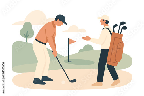 Golf duo on course: flat style scene of player and caddy in pastel landscape