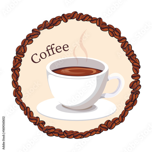 cup of coffee in a frame made of coffee beans