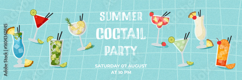 Bright cocktail party banner with a variety of tropical summer drinks on a fresh blue background. Ideal for beach bar invites, summer parties and holiday promotions.
