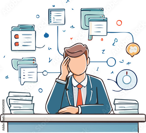 office frustration, office work load, office work, office work pressure, Frustrated Office Worker Under Heavy Workload and Pressure – Concept Illustration.