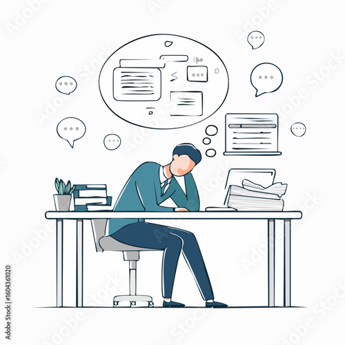 office frustration, office work load, office work, office work pressure, Frustrated Office Worker Under Heavy Workload and Pressure – Concept Illustration.