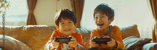 Boys enjoying video games in living room.