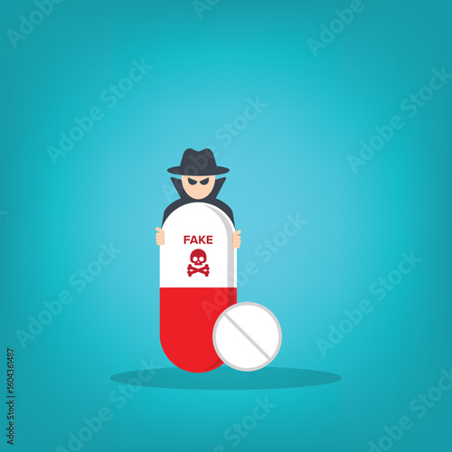 Fake medicine. Pill and tablet with criminal selling illegal drugs. Fake drugs, pharmaceutical. Symbolic for harmful counterfeit pills, risk and danger of illegal produced and sold pharmaceuticals.