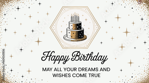  Elegant birthday card with black and white cake, gold accents, and heartfelt message “May all your dreams and wishes come true” on white