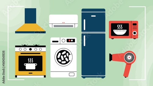 Colorful illustration of seven essential home appliances including kitchen hood, air conditioner, fridge, microwave, oven, washer, hair dryer