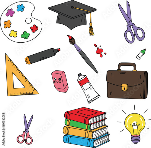 Colorful Cartoon Collection of School Supplies for Educational Design