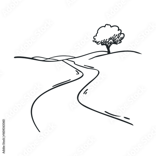 Serene landscape with winding path and lone tree in nature