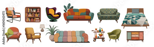 Set of mid-century modern retro furniture including sofa, bed, armchair, bar cart, chest of drawers, nightstand, and wall picture. Isolated on transparent background. Perfect for interior design