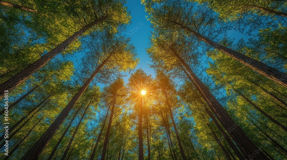 Obraz premium Sunbeams Illuminate a Forest of Tall Trees from Below
