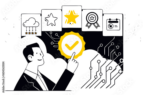A comprehensive vector illustration showcasing cloud computing, data quality, and service excellence for digital solutions.

