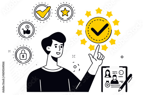 Vector Illustration of a Man Pointing Towards a Verified Badge with Stars, Surrounded by Icons Representing Approval, Security, and Positive Feedback, Symbolizing Trust, Quality, and Secure Personal 